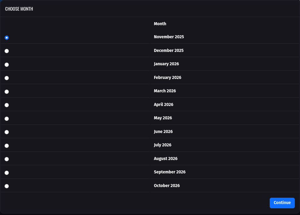 This is the page where you choose a month to bid on.