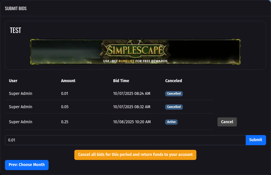 This page is for placing bids.